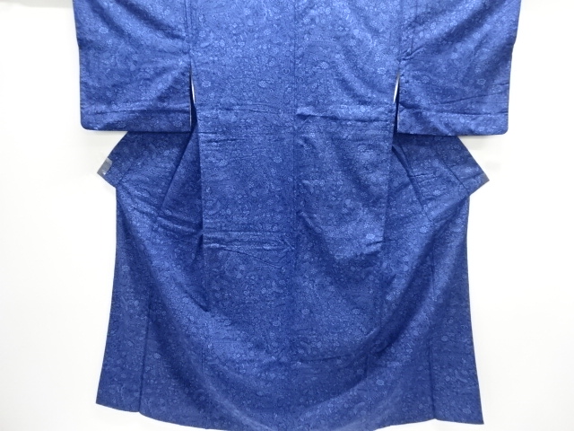 本藍型染蝶に花鳥更紗模様手織り紬着物